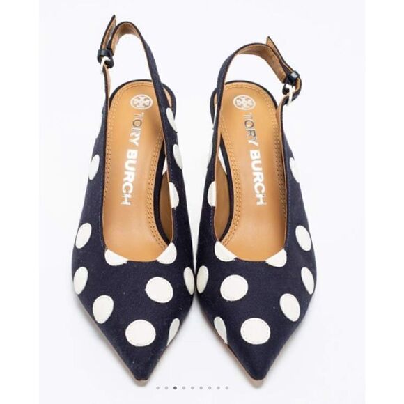 Tory Burch Navy Blue/White Polka Dot Canvas and Leather Spencer Slingback Pumps - Picture 4 of 10